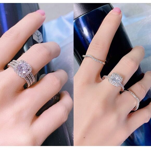 18K White Gold & White Diamond Cubic Zirconia Engagement Wedding Band Set 3 Pcs - Picture 7 of 11